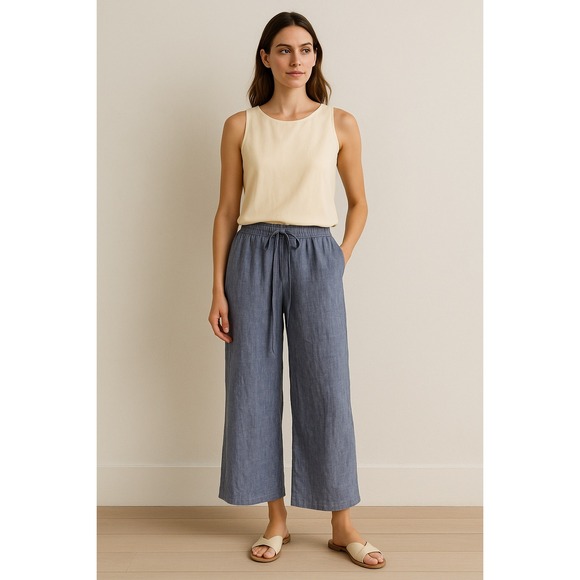 Jones New York 100% Linen Wide Leg Pants Blue Drawstring Casual Womens Medium - Picture 1 of 7